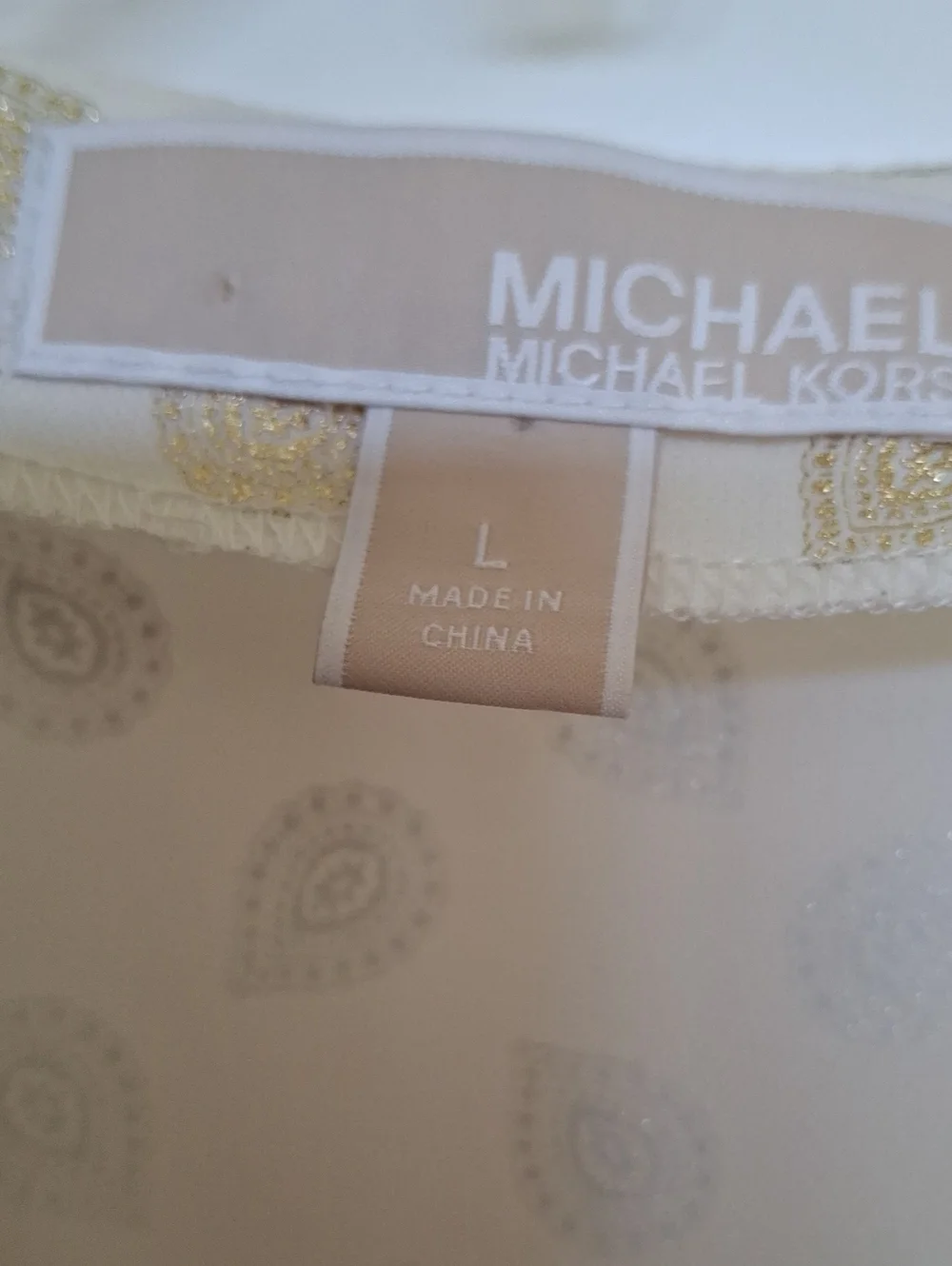 Michael Kors Cream Sleeveless V-Neck Top with Gold Teardrop  Print Size L EUC